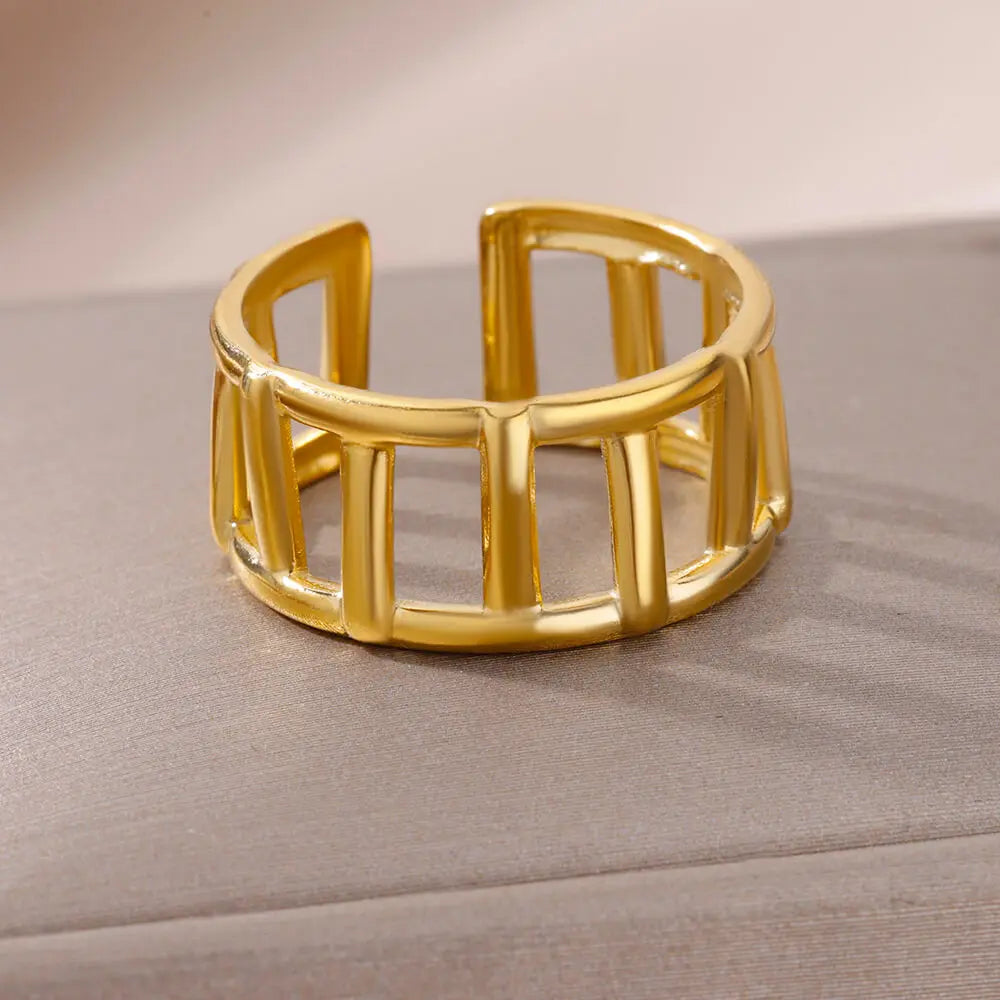 Stainless Steel Rings for Women Gold Color Couple Jewelry Aesthetic Accessorie Adjustable Punk Embossed Hollow Wide Ring