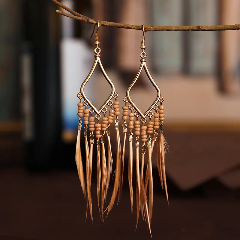 Women Earrings Fashion Feather Pendant Vintage Long Tassel Dangle Accessories Trend Nation Style Woman Ear Ring Jewelry