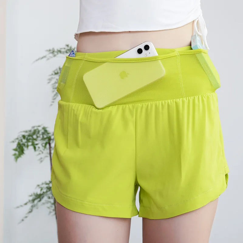 Women's Yoga Shorts 5 Pockets Invisible Phone Bag Running Shorts Fake Two Pieces High Waist Female Gym Fitness Short Pants