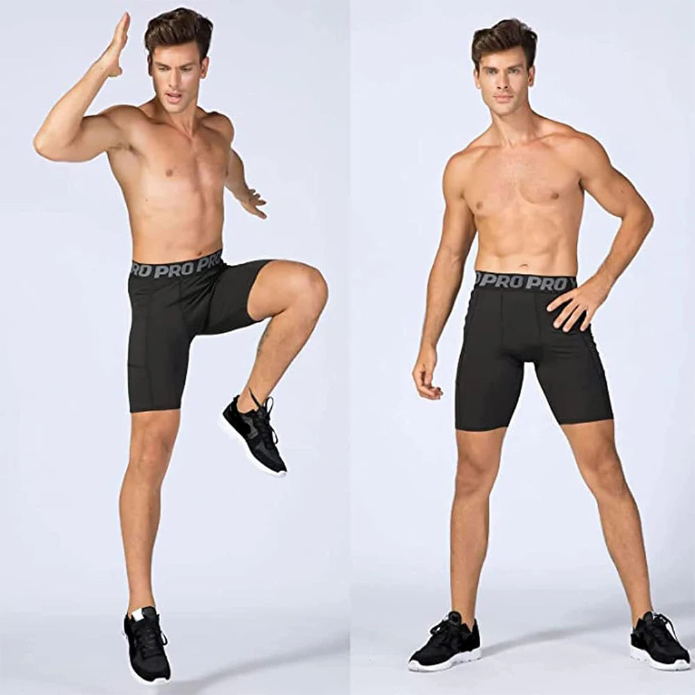 Mens Compression Shorts with Pocket Gym Workout Polyester Boxer Briefs Quick Drying Running Basketball Athletic Tights Short