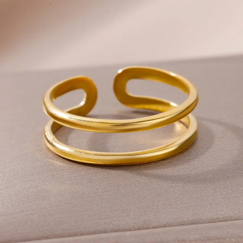Stainless Steel Rings for Women Gold Color Couple Jewelry Aesthetic Accessorie Adjustable Punk Embossed Hollow Wide Ring