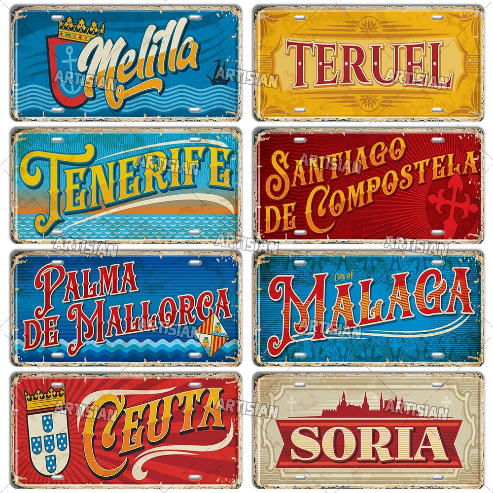 Artisian SPAIN License Plate City Metal Sign Landmark Decorative Vehicle Plate Wall Decor Garage Bar Pub Club Hotel Cafe Kitchen