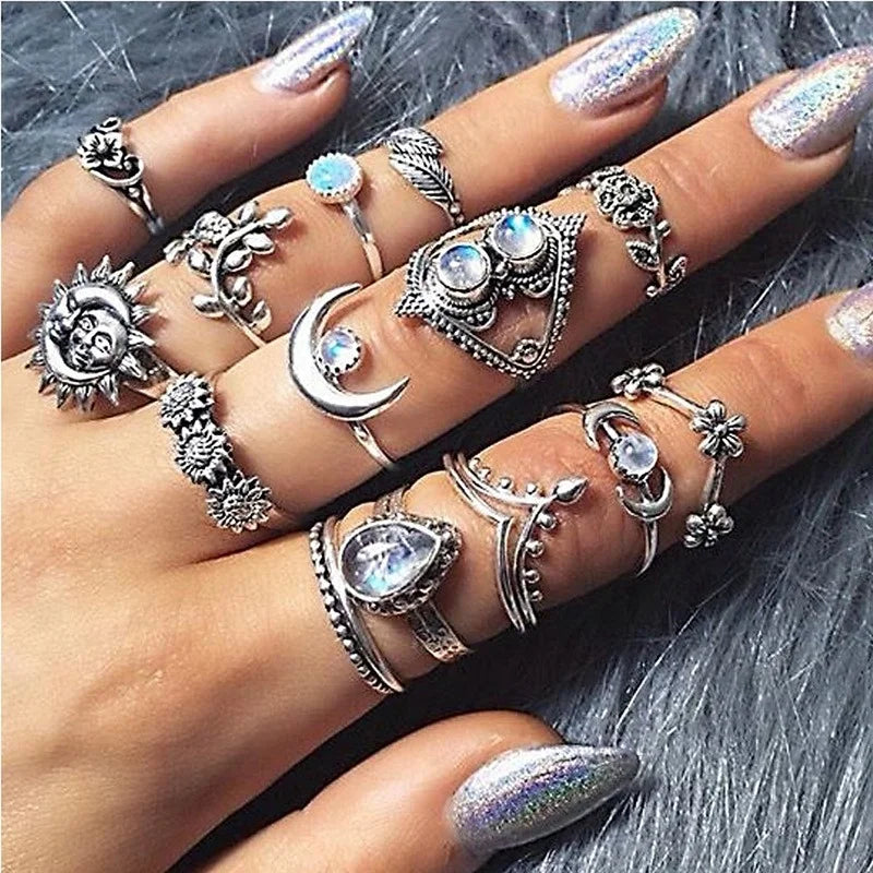 Trendy Flower Crystal Geometric Set Rings for Women Fashion Cutout Moon Snake Vintage Turquoise Charm Ring Jewelry Accessories