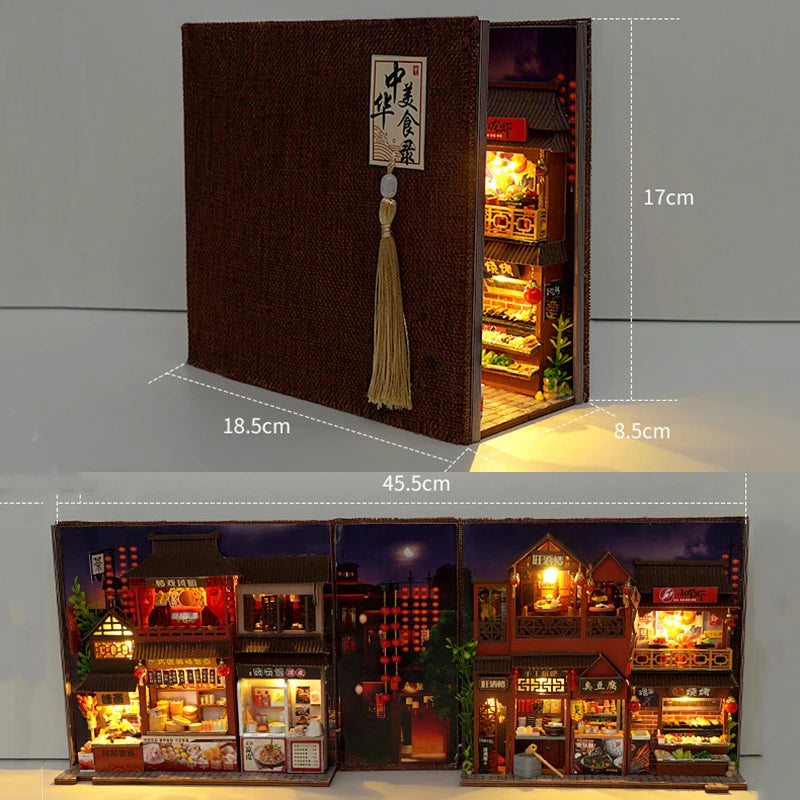 DIY Book Nook Insert Shelf Kits Wooden Miniature Building Kit Chinese Food Street Bookstore Bookend Bookshelf Home Decoration