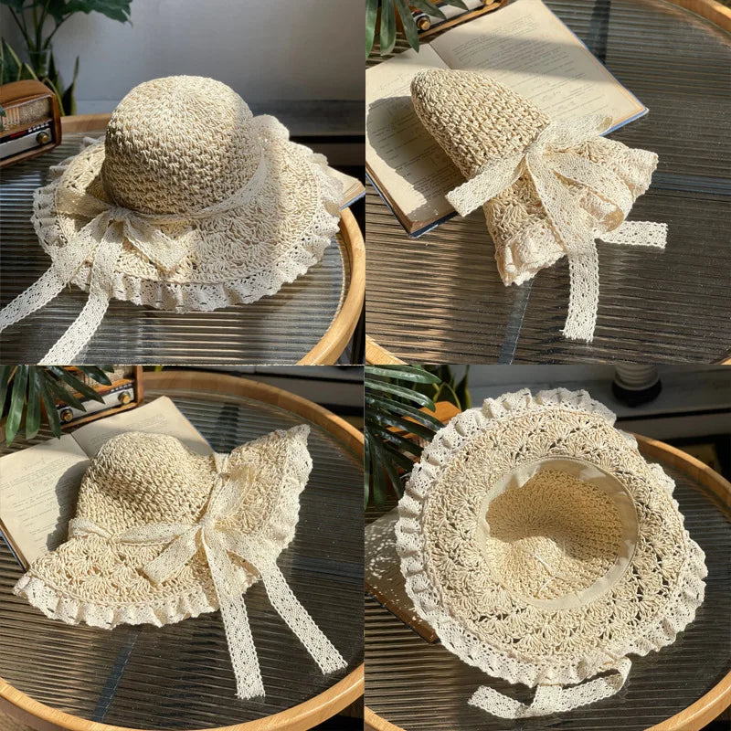 Summer Foldable Lace Edge Straw Hat for Women's Handwoven Cute Bow Sunshade Hat for Vacation Beach Hat