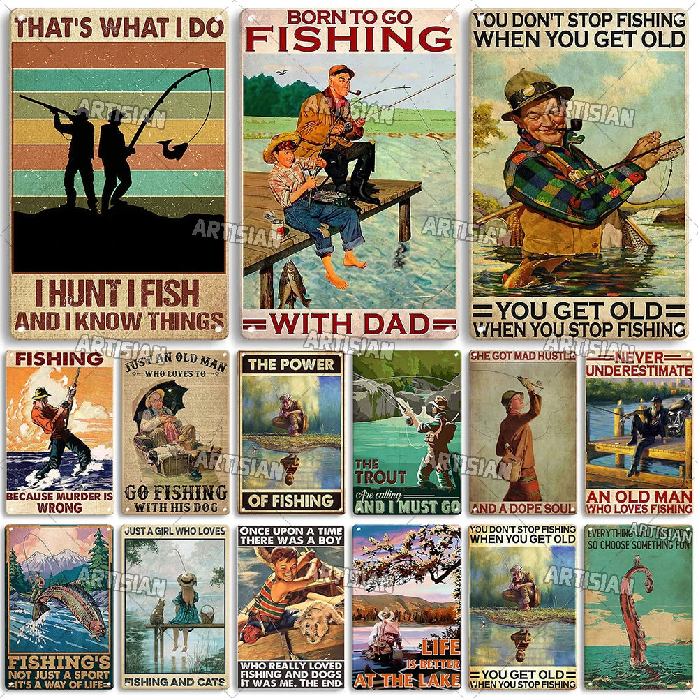 Artisian Fishing Metal Poster Sport Tin Sign Lure Bait Decorative Plaque Wall Decor Garage Bar Pub Club Hotel Cafe Kitchen Home