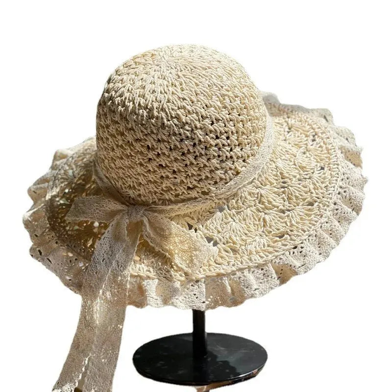 Summer Foldable Lace Edge Straw Hat for Women's Handwoven Cute Bow Sunshade Hat for Vacation Beach Hat