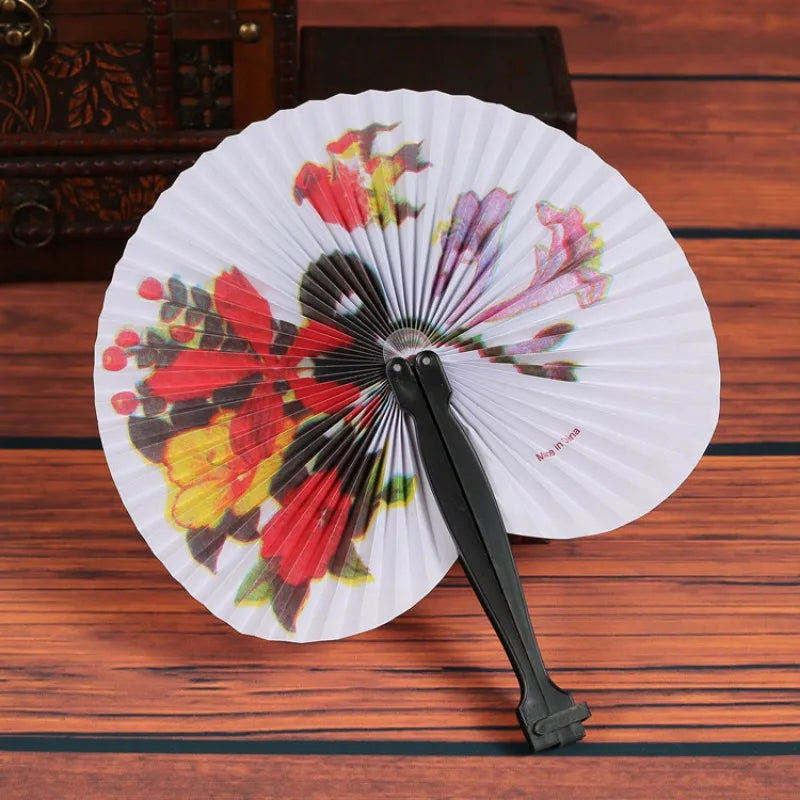 Foldable Paper Fan Retro Windmill Small Round Paper Color Decor Paper Fan Style Party Hand Gift 1pc Random Fan Printed