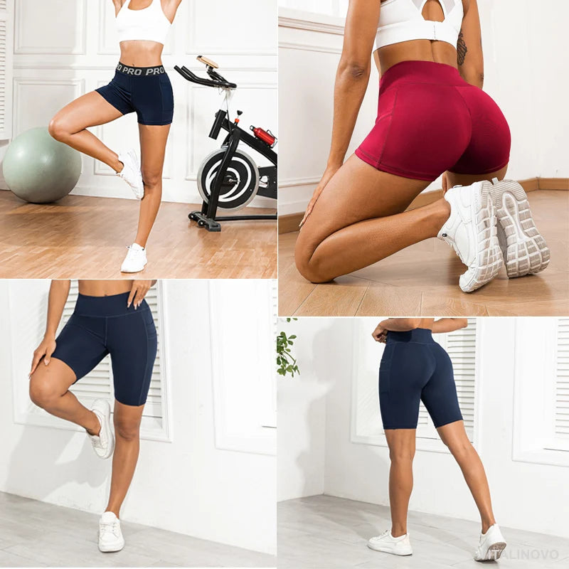 VITALINOVO Womens Workout Athletic Shorts High Waist Tummy Control Gym Running Biker Shorts with Pockets Volleyball Yoga Shorts