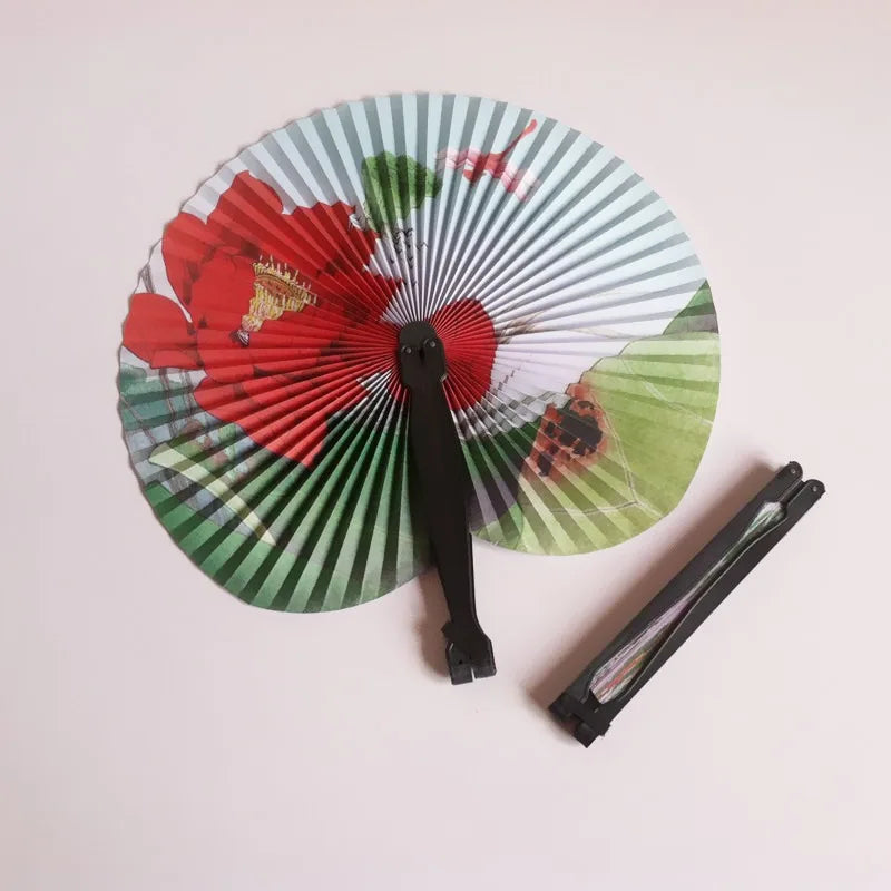 Foldable Paper Fan Retro Windmill Small Round Paper Color Decor Paper Fan Style Party Hand Gift 1pc Random Fan Printed