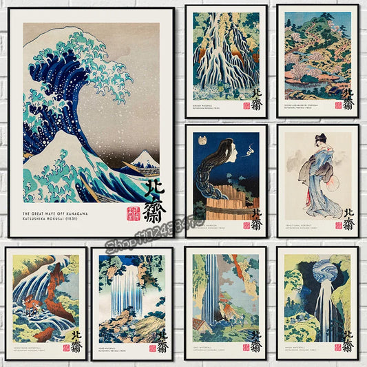 Vintage The Great Wave Katsushika Hokusai Poster Waterfall Canvas Painting Print Japan Exhibition Wall Art Picture Home Decor