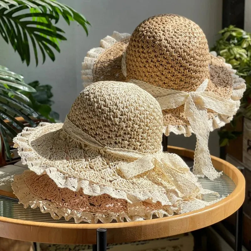 Summer Foldable Lace Edge Straw Hat for Women's Handwoven Cute Bow Sunshade Hat for Vacation Beach Hat