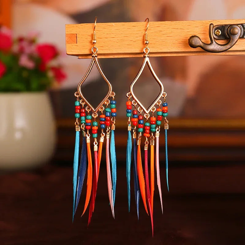 Women Earrings Fashion Feather Pendant Vintage Long Tassel Dangle Accessories Trend Nation Style Woman Ear Ring Jewelry