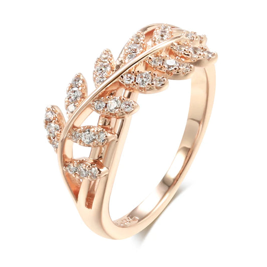 Kinel Hot Shiny Natural Zircon Leaf Ring for Women Trendy 585 Rose Gold Color Vintage Wedding Jewelry Daily Party Accessories