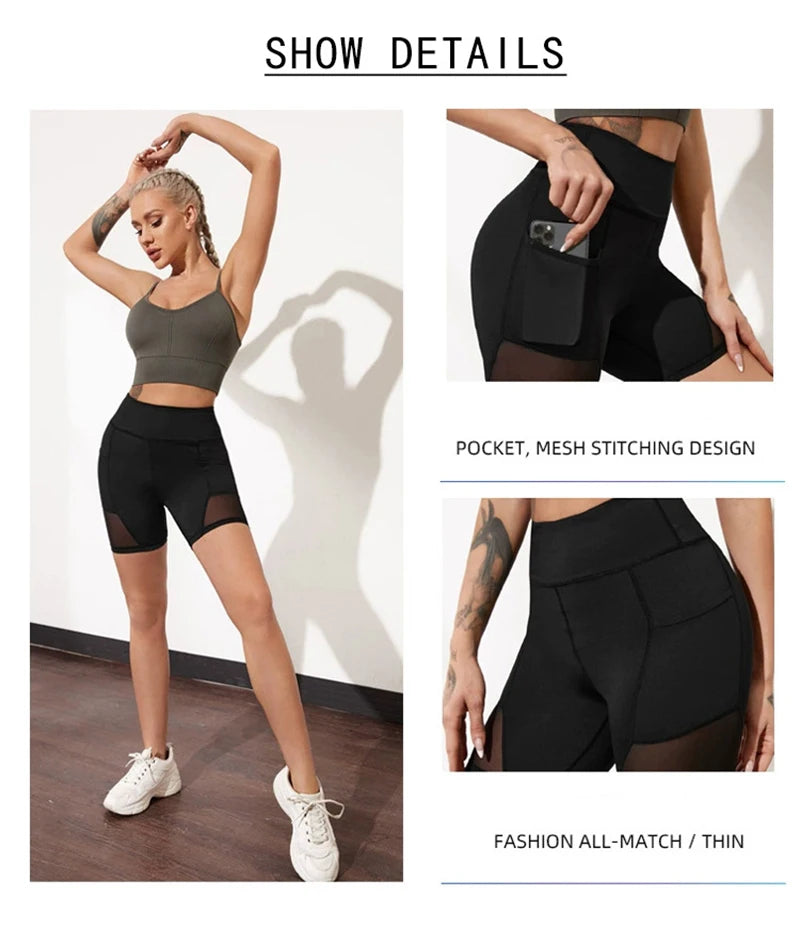 Women's Yoga Pants Gym Pants Sports Running Shorts Quick Dry Leggings Cycling Push-Ups Safety Panties with Side Pockets