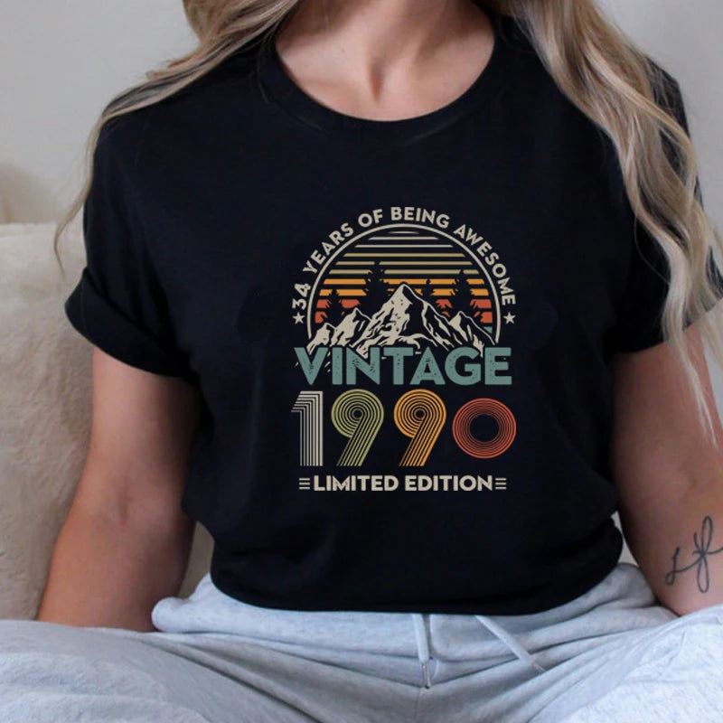 34 Years of Being Awesome Vintage 1990 Limited Edition Women T Shirts 34th Years Old Birthday Clothes Personalized Gift Tshirt