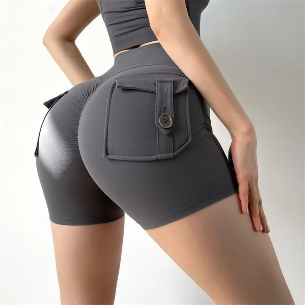 High Waist Yoga Shorts Fashion Scrunched Butt with Pocket Gym Leggings Quick Drying Sports Shorts Women