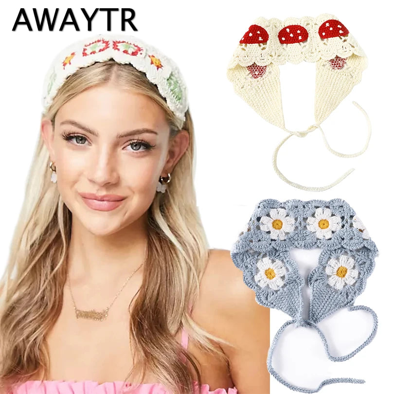 AWAYTR Crochet Turban Hair Bands Vintage Fashion Hair Scarf For Women Flower Knit Holiday Headband Headwrap Hair Accessories