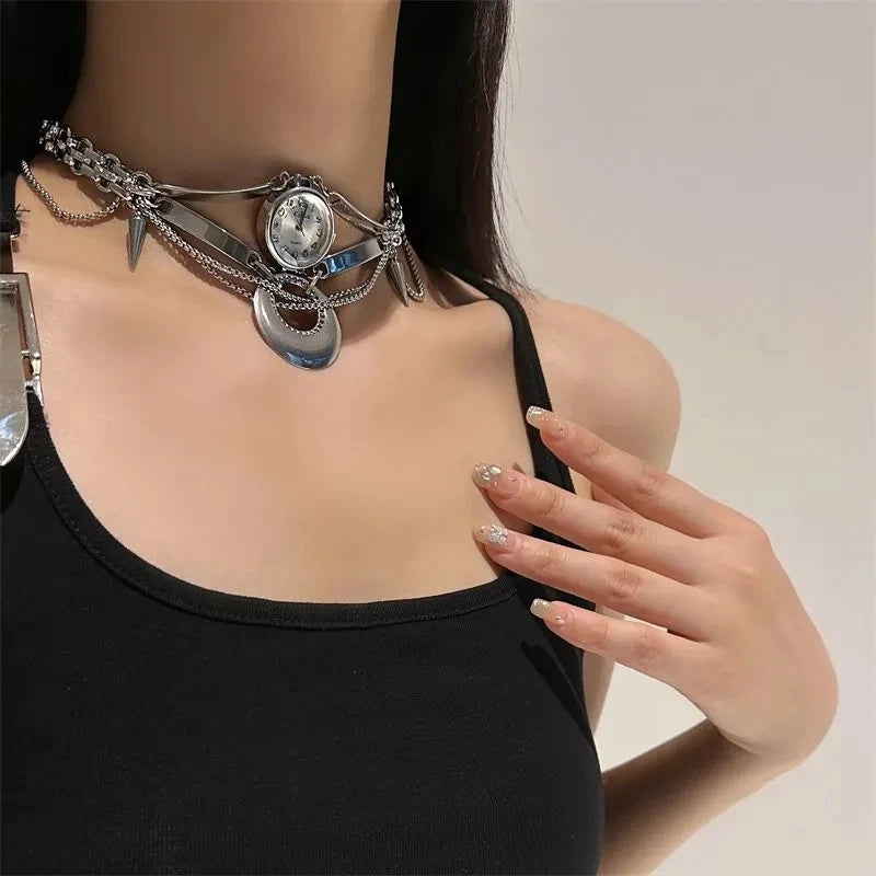 Trend Round Clock Choker Tassel Willow Nail Personality Vintage Necklace Fashion Men's And Women's Neck Jewelry Accessories