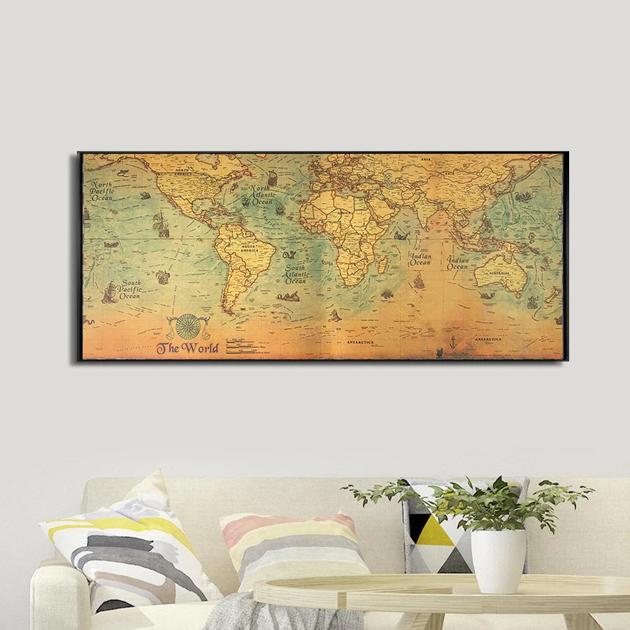 Retro World Map Nautical Ocean Route Map HD Printing Poster Kraft Paper Wall Chart Sticker Antique DIY Dormitory Cafe Home Decor