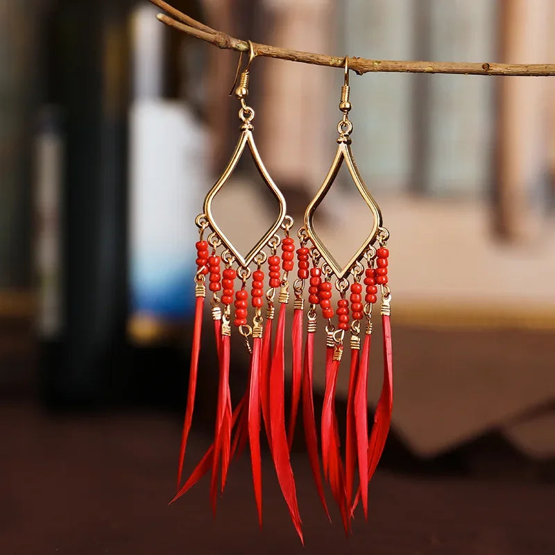 Women Earrings Fashion Feather Pendant Vintage Long Tassel Dangle Accessories Trend Nation Style Woman Ear Ring Jewelry