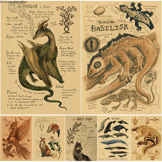 Natural Study Dragon/Tropical Basilisk/Phoenix/Fox/Dog/Wolf/Whale Print Poster Kraft Paper Vintage Home Room Decor Wall Painting