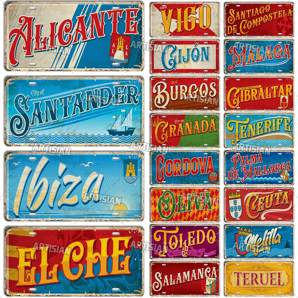 Artisian SPAIN License Plate City Metal Sign Landmark Decorative Vehicle Plate Wall Decor Garage Bar Pub Club Hotel Cafe Kitchen