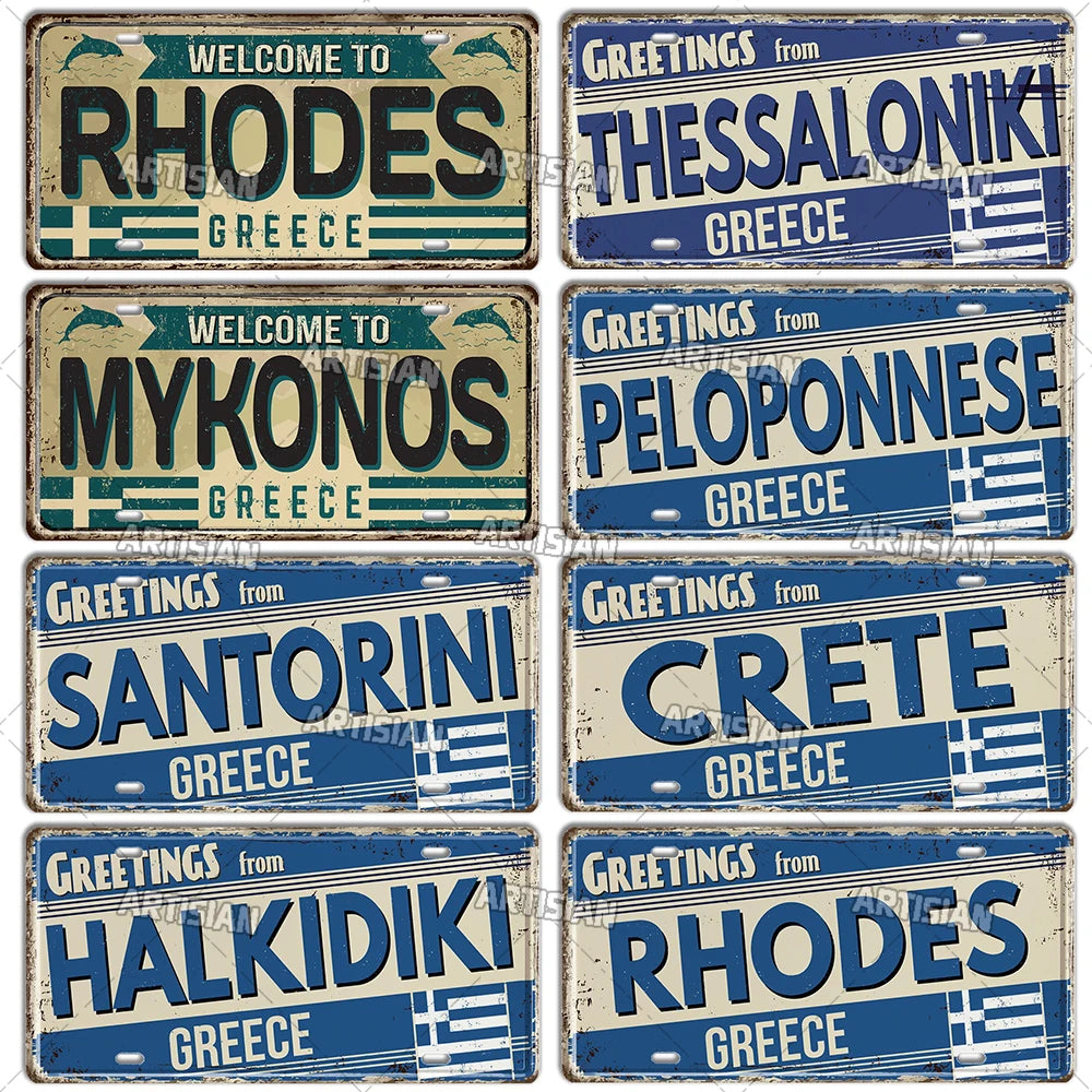 Artisian Greece License Plate LandmarkTin Sign City State Metal Plaque Wall Decor Garage Bar Pub Club Hotel Cafe Kitchen Home