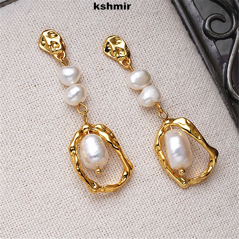 kshmir Natural pearl earrings female temperament light luxury long studs silver needle retro ear accessories wholesale