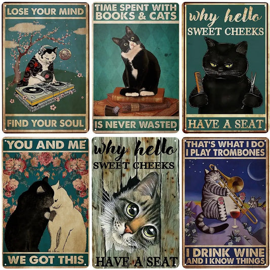 Funny Black Cat Vintage Tin Sign Remember to Wipe Metal Poster Cat Retro Plate Hello Sweet Cheeks Bathroom Decor for Bar Cafe