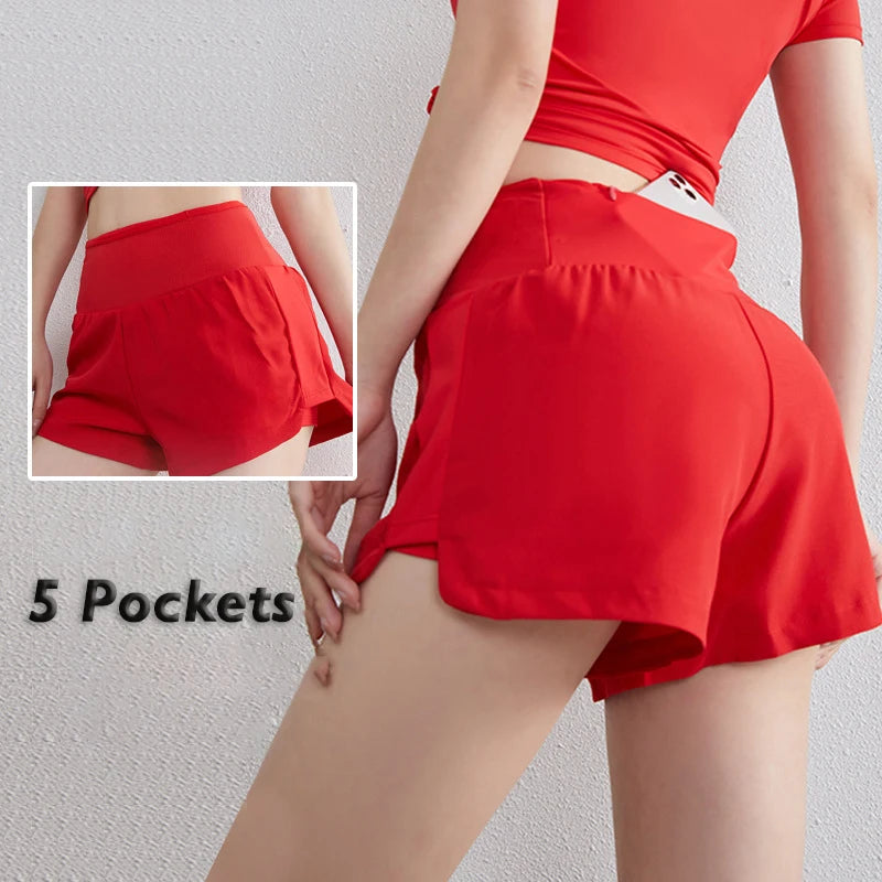 Women's Yoga Shorts 5 Pockets Invisible Phone Bag Running Shorts Fake Two Pieces High Waist Female Gym Fitness Short Pants