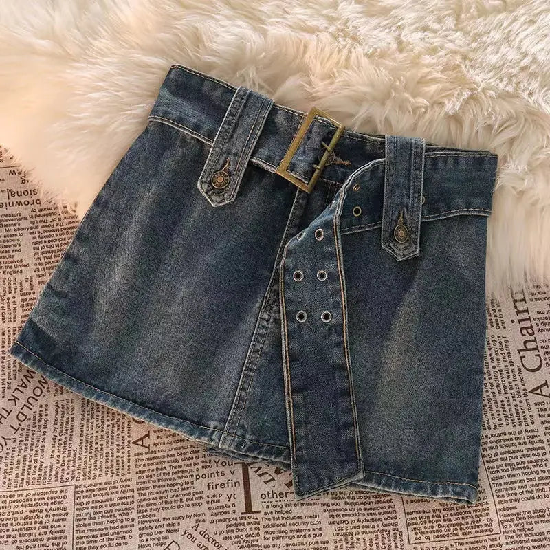 Vintage Button Belted Denim Mini Skirt