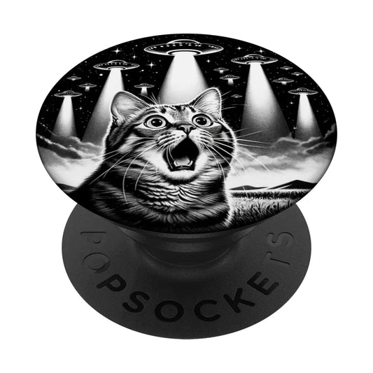 Cat UFO Funny Invasion Meme Retro Alien Cat UFO Selfie PopSockets Standard PopGrip