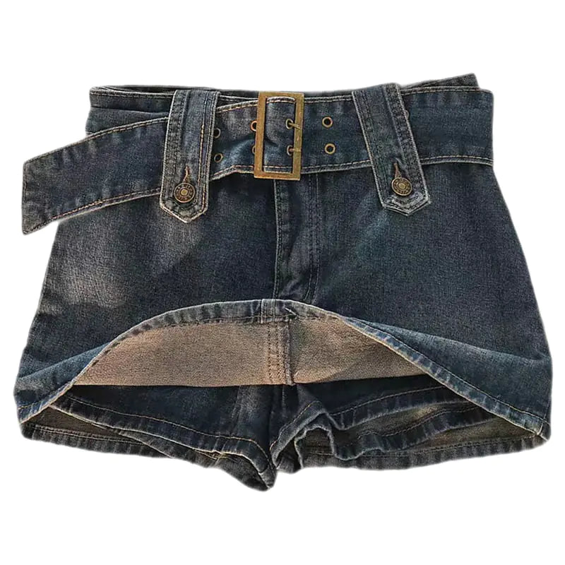 Vintage Button Belted Denim Mini Skirt