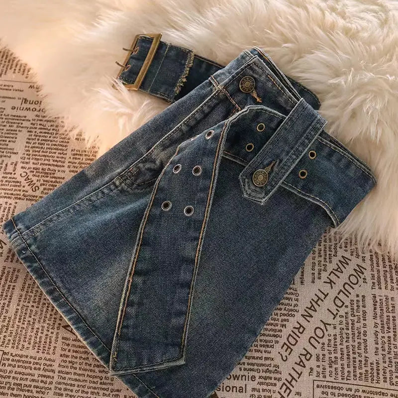 Vintage Button Belted Denim Mini Skirt