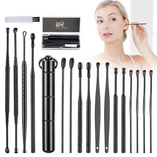 DR SHOWER 17 Pcs Ear Wax Removal Ear Cleaner Ear Wax Removal Tool Ear Cleaning Kit Earwax Removal Kit Stainless Steel Ear Pick Set with Cleaning Brush and Storage Box