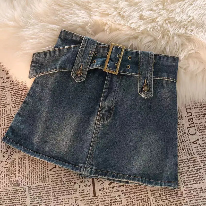 Vintage Button Belted Denim Mini Skirt